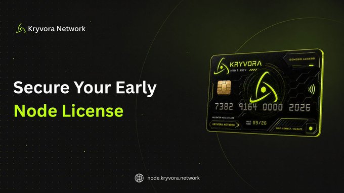 A promotional advertisement for 'Kryvora Network' featuring a dark green credit card-style graphic and text reading 'Secure Your Early Node License' with the website node.kryvora.network.