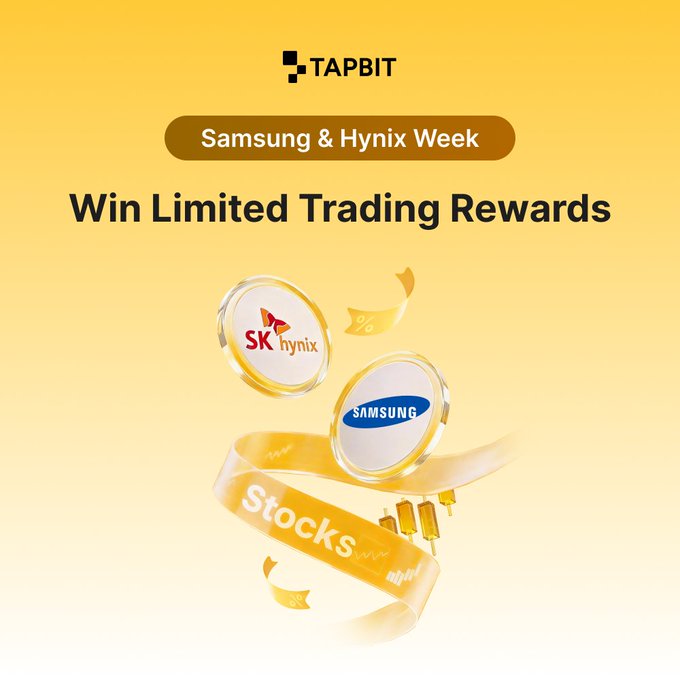 Promotional graphic for TAPBIT's 'Samsung & Hynix Week' advertising a chance to 'Win Limited Trading Rewards' with images of SK hynix and Samsung logos alongside coins labeled 'Stocks'.