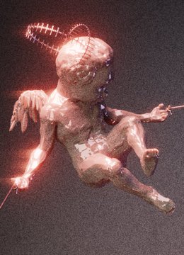 A surreal humanoid figure with a halo-like crown of thorns and an eye on its head floats against a dark, grainy background while holding red wires.
