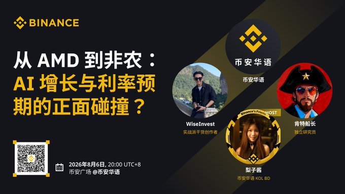 Binance promotional graphic with Chinese text '从 AMD 到非农：AI 增长与利率预期的正面碰撞？' scheduled for August 6, 2026, featuring speakers 市安华语, WiseInvest, 肯特船长, and host 梨子酱.