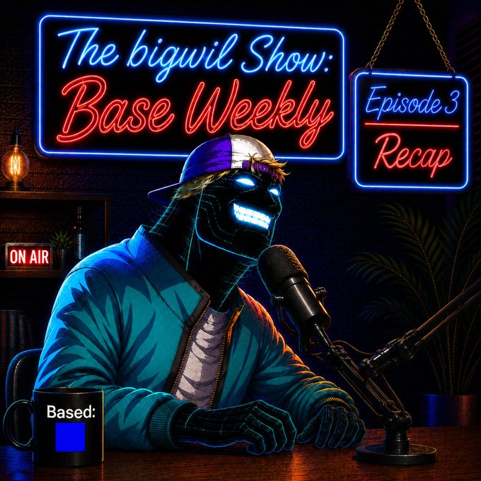Neon-lit podcast graphic titled 'The bigwil Show: Base Weekly - Episode 3 Recap' featuring a dark, glowing-eyed character at a microphone with an 'ON AIR' sign and a 'Based:' mug.
