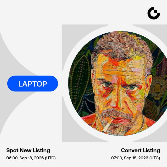 A promotional graphic from Gate.io announces a new cryptocurrency listing, featuring a vibrant, mosaic-style portrait of Hunter Biden on the right side within a circular frame, alongside a blue "LAPTOP" label on the left. The image details the "Spot New Listing" for $LAPTOP/USDT at 06:00 on September 18, 2026 (UTC) and the "Convert Listing" with zero fees starting at 07:00 on September 18, 2026 (UTC), matching the accompanying post about the meme token's launch.