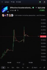 A TradingView chart shows "Effective Accelerationism" ($e/acc) trading at $21.03M with a 0.46% change on the 1-hour timeframe, displaying recent volatility with the price around 20.00M after a sharp drop, aligning with the post's hype about the token's upward momentum despite bearish activity.