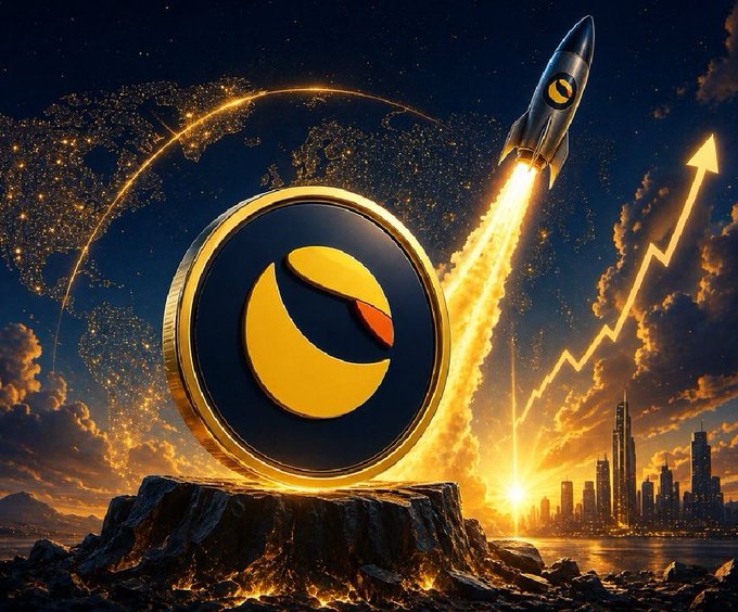 The image features a coin called "LUNC" with an orange sunburn symbol, which is flying through the air above a city skyline at night. The city lights create a vibrant atmosphere around the coin, emphasizing its significance as a cryptocurrency or token. The text in the image reads "They called $LUNC a ghost chain. Now volume is returning. Burns are continuing. And the community is louder than ever." This message highlights the importance of the coin and its potential impact on the crypto world.