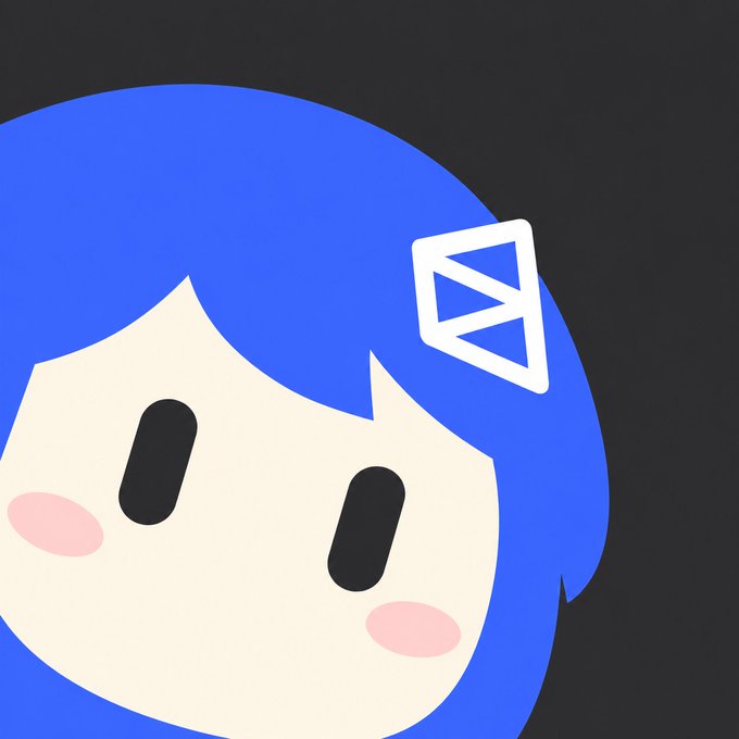 A simple digital illustration of a cute character with bright blue hair, black oval eyes, pink blush, and a white diamond-shaped hair clip against a black background.