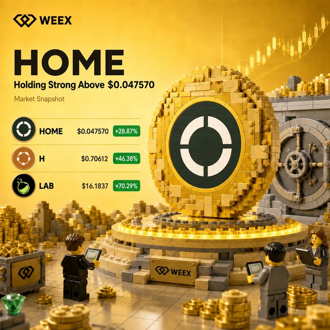 The image shows a group of Lego people using various pieces, including coins and a toy car, to build a house made entirely of Lego bricks. The people are working together to complete their masterpiece, which serves as an advertisement for a cryptocurrency called WEEX.