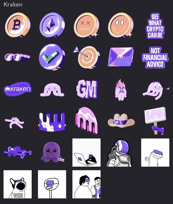 The image displays a collection of Kraken-branded crypto stickers featuring various designs including Bitcoin and Ethereum coin icons, octopus characters, "GM" and "LFG" text, and playful items like crowns and sunglasses, along with messages like "SEE WHAT CRYPTO CAN BE" and "NOT FINANCIAL ADVICE." It relates to the post by showcasing a variety of meme stickers that users might consider when bridging to Ink, with the Kraken logo visible alongside fun crypto-themed characters like a purple octopus and astronaut figures.