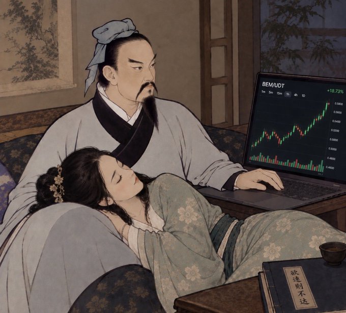 A man in traditional Chinese attire from an 1832-style portrait uses a modern laptop displaying "BEMUDT" stock charts with an +18.73% gain, while a woman rests against him and a book titled "故達則不送" sits nearby—blending classical Eastern aesthetics with contemporary trading imagery in a humorous anachronistic scene.