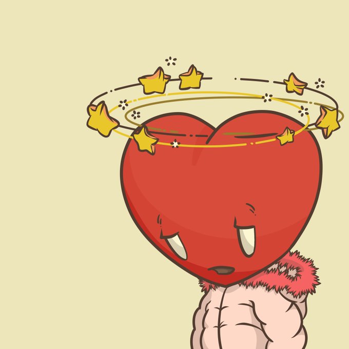 A cartoon-style drawing of an angry red heart character with furrowed brows, wearing pink furry trim and a halo of swirling yellow stars.