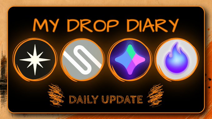 'MY DROP DIARY' daily update banner featuring four circular crypto/airdrop logos (Starknet, SUI-style, EVM-style, and a flame icon) on a black and orange background.
