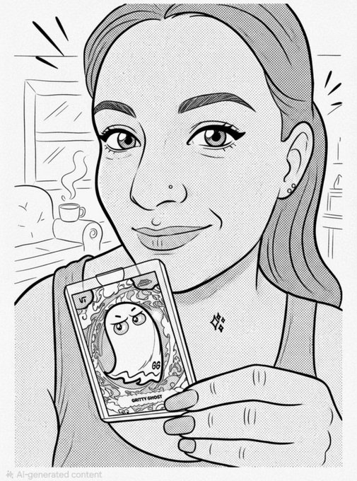 A black and white anime-style illustration of a smiling woman with freckles holding a tarot card labeled 'GRITY GHOST' in a cozy room setting, marked as AI-generated content.
