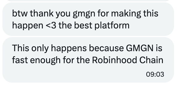 Text message screenshots thanking GMGN, describing it as 'the best platform' and noting it is 'fast enough for the Robinhood Chain,' sent at 09:03.