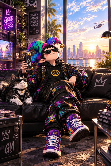 A stylish elf character with pointed ears lounges on a black leather couch wearing colorful paint-splattered clothing, a jester hat, and sneakers, holding a can labeled "GM," with a tabby cat beside him and a city skyline view in the background.