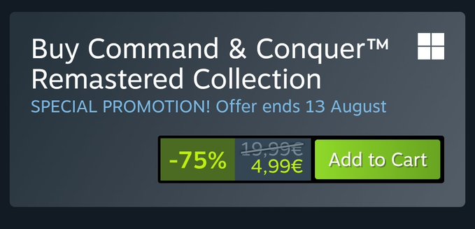 A digital storefront banner advertising 'Buy Command & Conquer™ Remastered Collection' with a special promotion, showing a -75% discount from €19.99 to €4.99.