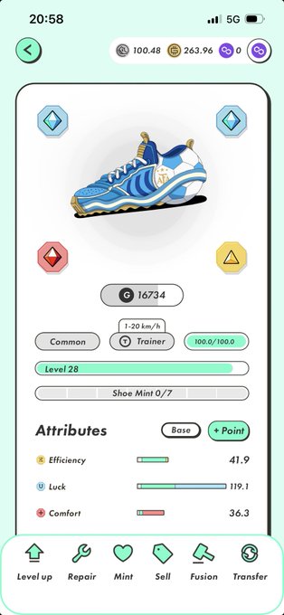 A mobile app screen displaying a blue and white 'Base + Point' running shoe (Level 28) with attributes Efficiency 41.9, Luck 119.1, and Comfort 36.3.