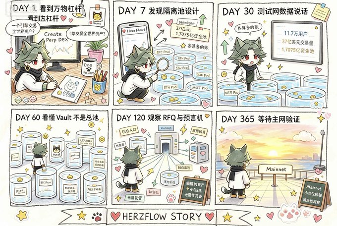 A six-panel cartoon strip titled 'HERZFLOW STORY' documenting a character's journey through different blockchain concepts across DAY 1, 7, 30, 60, 120, and 365, covering DEXs, Memecoins, DEX volumes, Vaults, RFQs/oracles, and Mainnet.