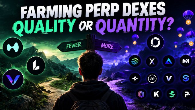 A YouTube thumbnail titled 'FARMING PERP DEXES - QUALITY OR QUANTITY?' showing a person facing a crossroads sign reading 'FEWER' and 'MORE', surrounded by various DEX logos including Hyperliquid, Lighter, Jupiter, and others.