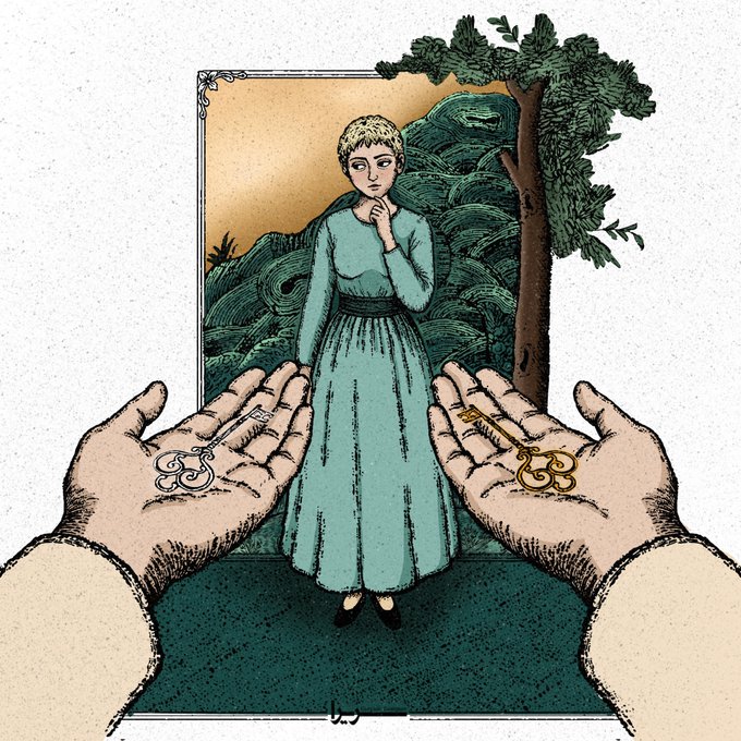 An illustration depicts a woman in a long teal dress standing before a tree, framed by two large hands below holding ornate keys.