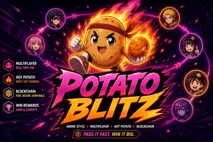 A vibrant game promotional poster for 'Potato Blitz,' featuring an anime-style potato character surrounded by fire, with features listed including multiplayer, hot potato, blockchain, and rewards.
