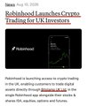 A Robinhood blog post graphic from August 11, 2025 titled "Robinhood Launches Crypto Trading for UK Investors," featuring a dark interface that aligns with the post's announcement about Robinhood's UK crypto launch and its potential to drive XRP into the $1 quadrillion derivatives market through partnership with Bitstamp.