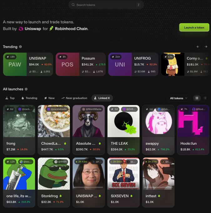 A token launch platform interface titled 'A new way to launch and trade tokens' built by Uniswap for Robinhood Chain, featuring trending tokens like UNISWAP, Possum, UNIFROG, and Corny, plus a grid of meme token launches including frong, ChowdLa, Absolute, THE LEAK, swappy, Hook.fun, one life_its w..., Stonkfrog, UNISWAP..., SIXSEVEN, and inltest.