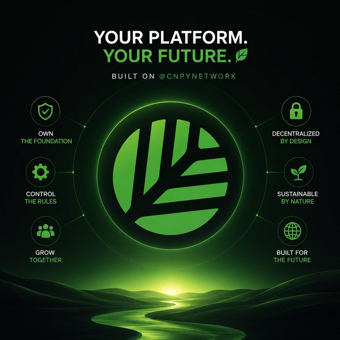 A promotional graphic for @CNPYNetwork featuring the tagline "YOUR PLATFORM. YOUR FUTURE." centered around a large green globe logo, surrounded by six key benefits including "Own The Foundation," "Decentralized By Design," and "Built For The Future," all set against a black background with a glowing green landscape at the bottom. The image visually reinforces the post's critique by positioning CNPY Network as a truly decentralized alternative to the Web2-disguised-as-Web3 apps the text describes.