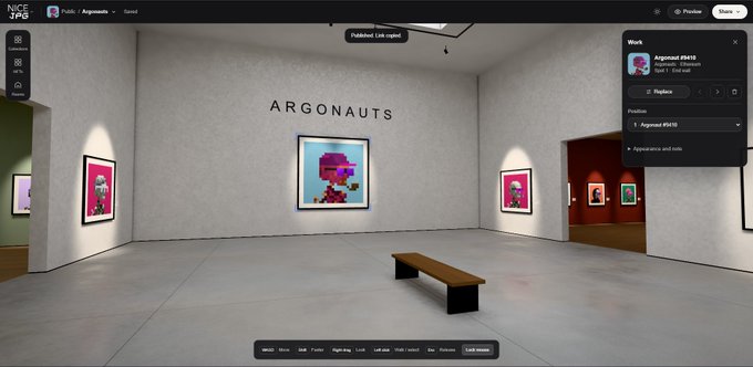 A screenshot of a virtual 3D art gallery on NiceLab displaying the 'ARGONAUTS' exhibition, featuring framed pixel-art pieces on white walls with a bench in the center.