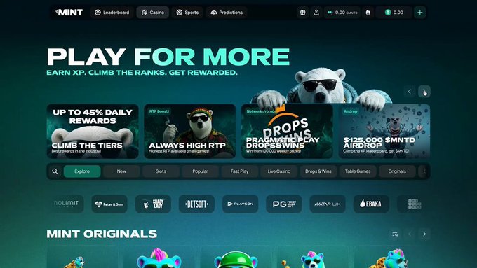 A promotional screenshot for the Mint online gaming/casino platform featuring a polar bear mascot in sunglasses and the tagline 'PLAY FOR MORE - EARN XP, CLIMB THE RANKS, GET REWARDED,' highlighting offers like 'Drops & Wins' and a '$125,000 $MNTD Airdrop.'