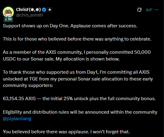 A tweet from Chris (@chris_anm01) discussing a personal commitment of 50,000 USDC to an AXIS "Sonar sale" and a promise of 63,154.35 AXIS to early supporters.
