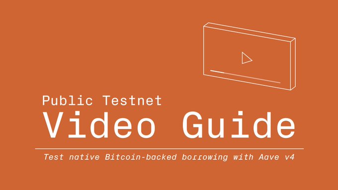 The image features an orange banner with white text that reads "Public Testnet Video Guide" followed by a list of instructions for testing native Bitcoin-backedborrowing with @aave v4. The first item on the list is "Test native Bitcoin-backedborrowing with @aave v4".