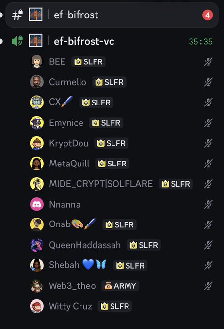 Discord interface showing voice channels '# ef-bifrost' (with 4 members) and '# ef-bifrost-vc' (active with 35:35 timer), listing users with roles including SLFR and ARMY, such as BEE, Curmello, CX, Emynice, KryptDou, MetaQuill, MIDE_CRYPTiSOLFLARE, Nnanna, Onab, QueenHaddassah, Shebah, Web3_theo, and Witty Cruz.