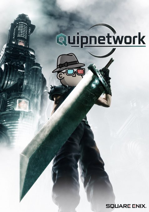 A Final Fantasy VII promotional image featuring a stylized cartoon character with sunglasses holding the iconic Buster Sword, with 'Quipnetwork' logo and 'SQUARE ENIX' branding visible.
