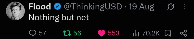 A screenshot of a tweet from the account @ThinkingUSD dated '19 Aug' with the text 'Nothing but net', showing 57 replies, 56 retweets, 553 likes, and 70.2K views.