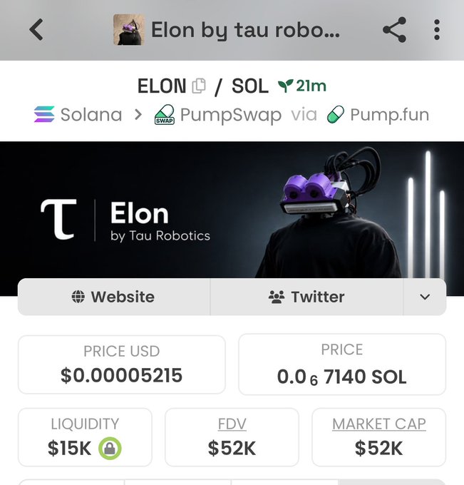 A cryptocurrency token page for 'ELON by tau robo...' on the Solana network via PumpSwap, showing a robot with purple eyes and a price of $0.00005215 USD.