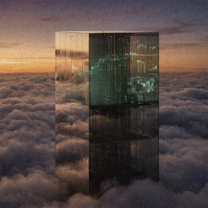 A surreal digital artwork depicting a tall, translucent rectangular monolith displaying financial charts, emerging from a sea of clouds at sunset.