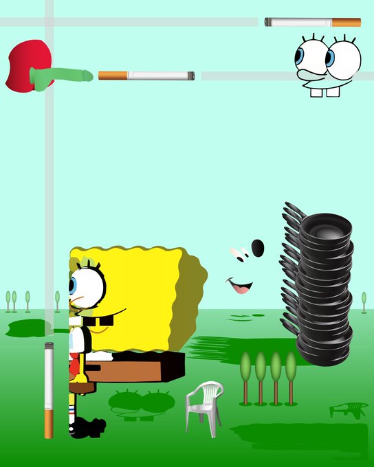 A chaotic cartoon parody scene featuring SpongeBob-like characters, a floating smiling face, cigarettes, a boxing glove, and a towering stack of tires in a green field.