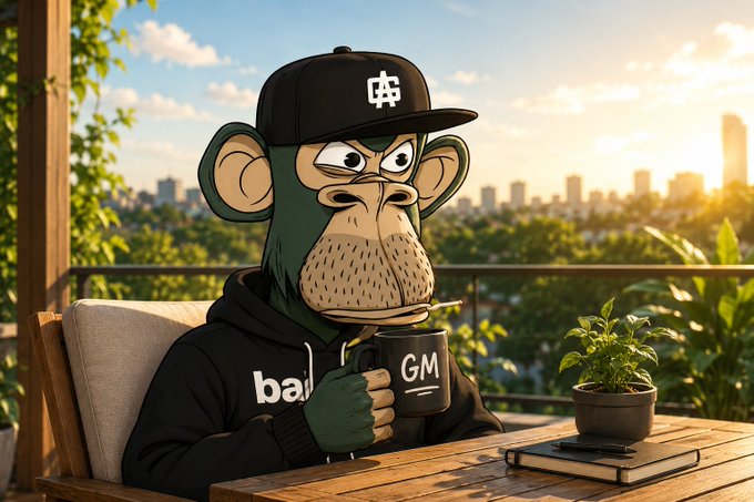 Cartoon illustration of an ape wearing a black cap and hoodie holding a 'GM' mug on a balcony overlooking a city skyline at sunset.