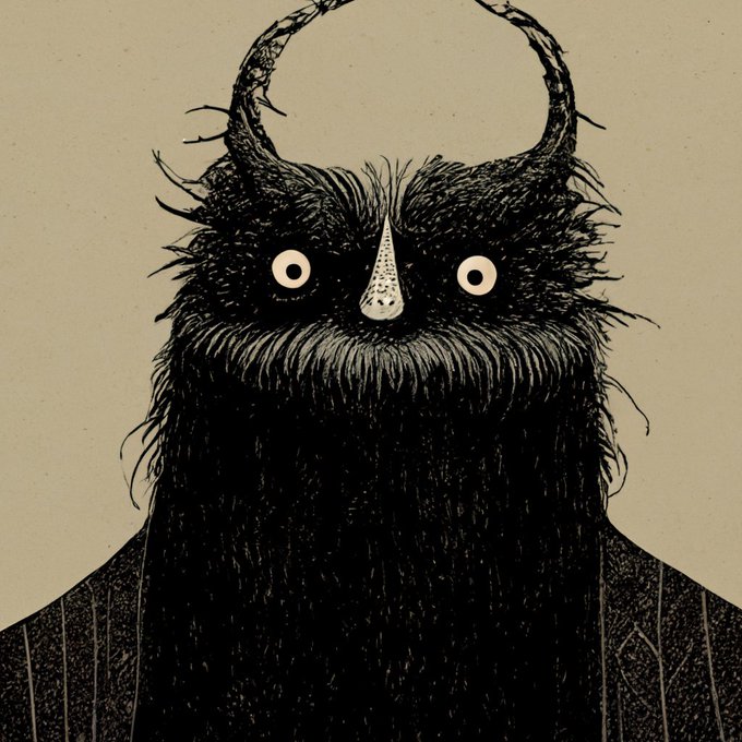 A black and white illustration depicts a mysterious, horned creature with piercing wide eyes, wild fur, and a pointed nose, dressed in a pinstriped suit. The haunting, folk-art style portrait fits the theme of a unique "CoB" (Children of Bert) NFT, which the post highlights as a special gift from the WizardsofAlgo collection.