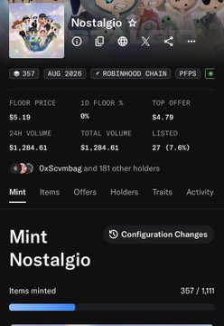 A mobile app interface showing an NFT collection called 'Nostalgio' on the Robinhood Chain, currently priced at 4.79 ETH.