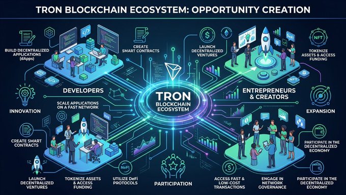 The image is an infographic titled "TRON BLOCKCHAIN ECOSYSTEM: OPPORTUNITY CREATION," depicting a central "TRON BLOCKCHAIN ECOSYSTEM" hub connected to surrounding nodes for developers and entrepreneurs/creators, with callouts highlighting actions like building dApps, creating smart contracts, launching decentralized ventures, tokenizing assets, utilizing DeFi protocols, and participating in the decentralized economy—all visually reinforcing the post's theme of how TRON fosters innovation and opportunity for developers, entrepreneurs, and users within its blockchain ecosystem.