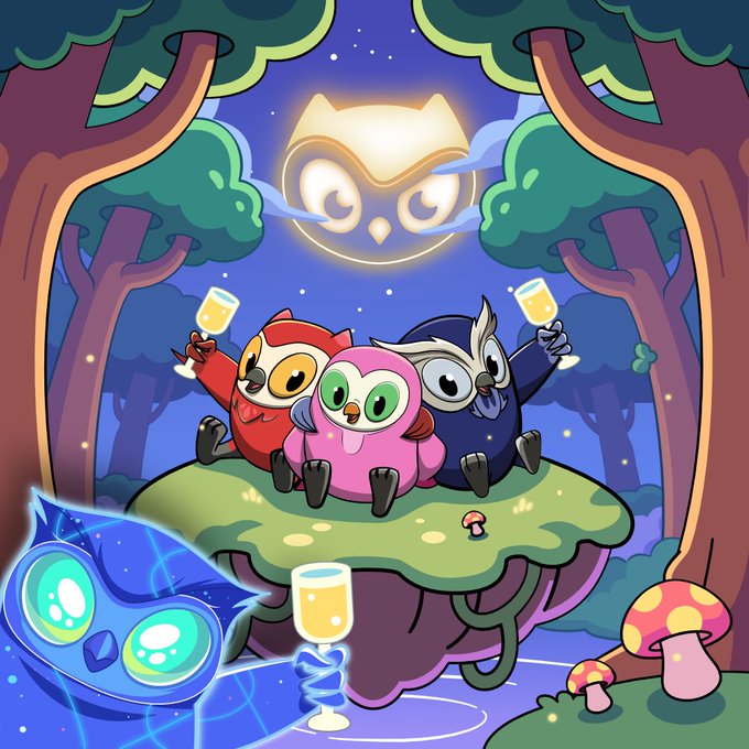 This image depicts three colorful owls toasting with champagne, set against a nighttime forest backdrop with a glowing owl moon. It visually represents the @Ocapgames team celebrating their stewardship of the @moonbirds project.