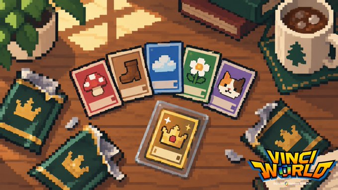 Pixel art illustration for 'VINCI WORLD' showing various collectible cards featuring items like a mushroom, boot, flower, and cat, alongside green book-like objects and a mug.