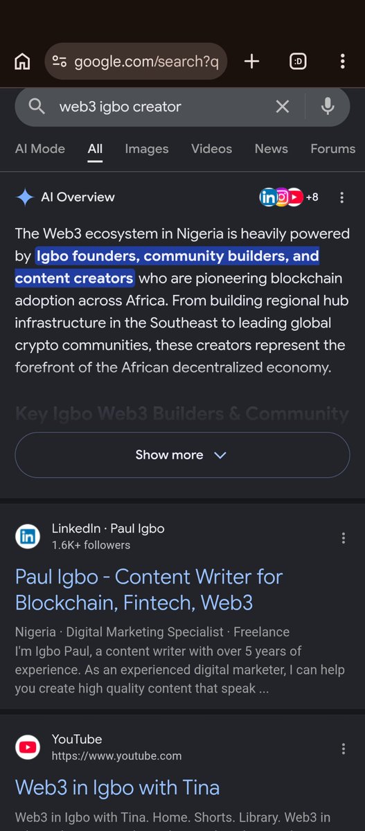 A Google mobile search results screenshot for "web3 igbo creator" showing an AI Overview highlighting Igbo founders, community builders, and content creators in Nigeria's Web3 ecosystem, with results including a LinkedIn profile for Paul Igbo (Content Writer for Blockchain, Fintech, Web3) and a YouTube channel "Web3 in Igbo with Tina".