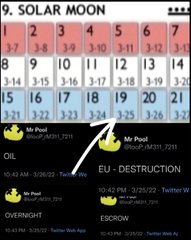 A mobile app screenshot of a "Solar Moon" calendar/event interface showing dates and entries for Mr. Pool with red circles and an arrow.