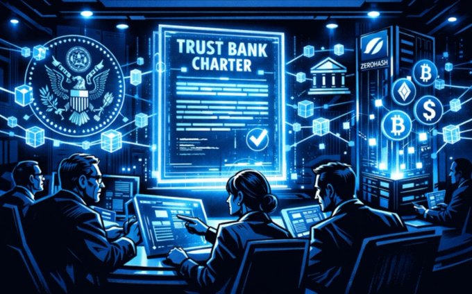 A stylized digital illustration depicting a 'TRUST BANK CHARTER' document alongside the U.S. presidential seal, a traditional bank building, and cryptocurrency symbols (Bitcoin, Ethereum, ZEROHASH), with people working at computer terminals.