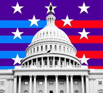 The image features the U.S. Capitol building set against a backdrop blending the American flag's stars and stripes with stylized red, white, and blue horizontal lines, symbolizing Congress and legislative action. It visually reinforces the post's headline about a new House bill targeting crypto tax loopholes by depicting the seat of U.S. lawmaking power.