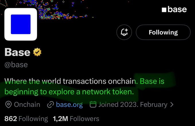 The image shows a social media post with a black background, featuring a white square logo for Base. The text in the image reads "Where the world transactions onchain. Base is beginning to explore a network token." This message seems to be related to the Twitter account @base and its followers.