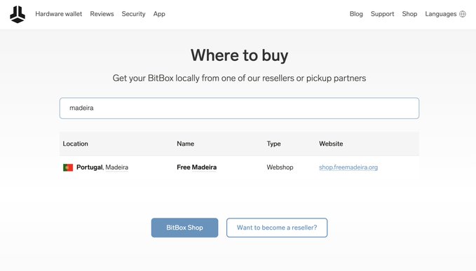 The image shows a BitBox "Where to buy" webpage with a search field containing "madeira" and listing Free Madeira as an official webshop reseller for Portugal, Madeira, supporting the claim of being an official BitBox reseller.