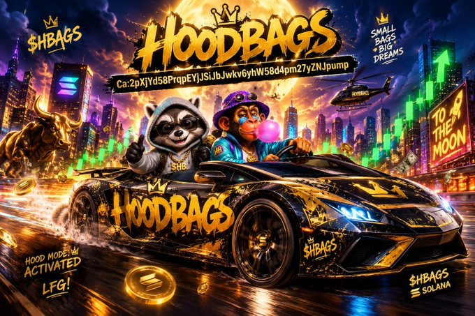 A vivid promotional crypto-style illustration advertises “$HBAGS” and “HOODBAGS SOLANA,” featuring a raccoon and a monkey in a sports car against a neon moonlit city backdrop.