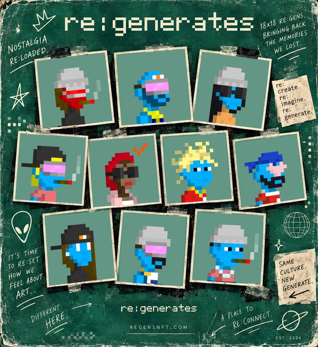 Promotional image for 're:generates' NFT collection showing 18x18 pixel art characters arranged on a green background with text including 'NOSTALGIA RE-LOADED' and 'regensnft.com'.